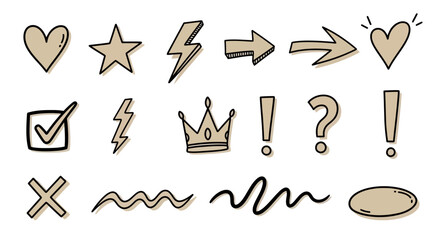 Fototapeta premium A diverse collection of hand-drawn doodle elements featuring hearts, stars, arrows, and punctuation for creative design