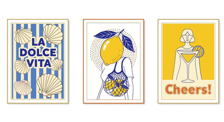 Trio of Retro Postcards Featuring Citrus and Seafood Elements with Italian and Celebration Phrases