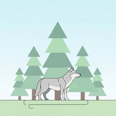 Naklejka premium A gray wolf stands in a stylized forest with evergreen trees against a light blue sky.