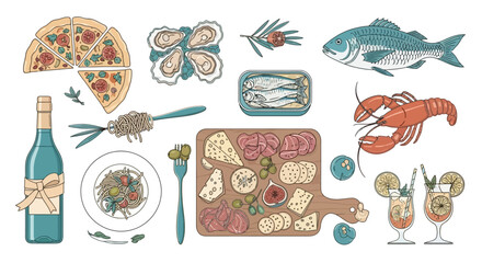 Elegant hand-drawn collection of gourmet food and drinks featuring seafood, charcuterie, pizza, and cocktails