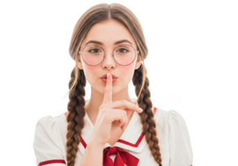 Young woman with pigtails and glasses asking for silence isolated on transparent background