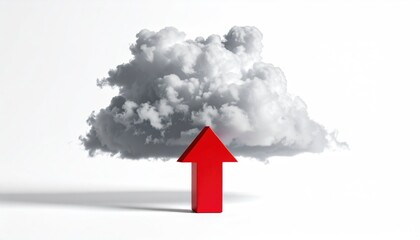 Cloud data uploading concept featuring a red arrow pointing up towards a fluffy cloud