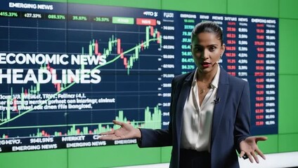 News Anchor Presenting Financial Data on a Large Screen Display presenter woman