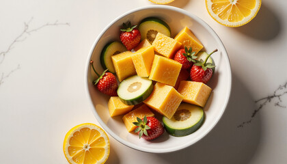 Cut fruits in bowl, overhead view with space for text