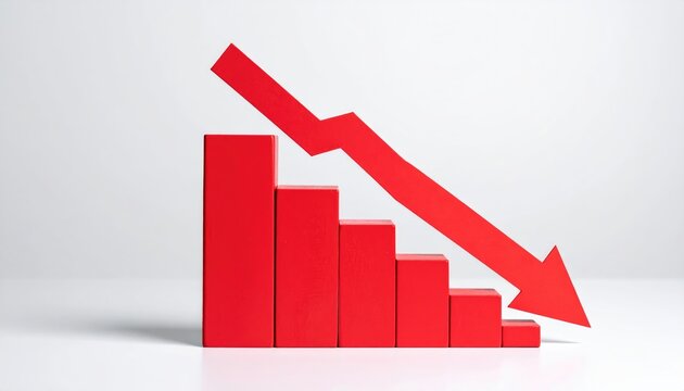 Red bar graph with a downward trending arrow, signifying a decline in data, set against a simple backdrop