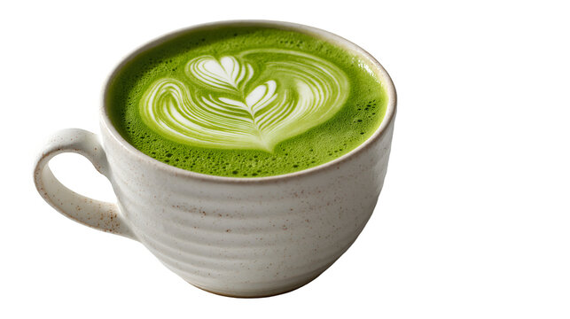 A close up of a white mug filled with green matcha latte art featuring heart shapes on a black background