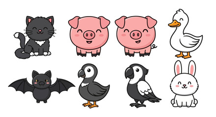 Collection of cute cartoon animal illustrations featuring a cat, pigs, duck, bat, puffin, parrot, and rabbit