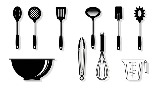 Collection of kitchen utensils and cooking tools, including a bowl, whisk, slotted spoon, spatula, tongs, and measuring cup