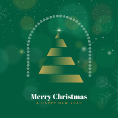 Gold Christmas and New Year Typographical on green background with winter landscape with snowflakes, light, stars. Merry Christmas card. Vector Illustration creative, Marry Christmas poster, web banne