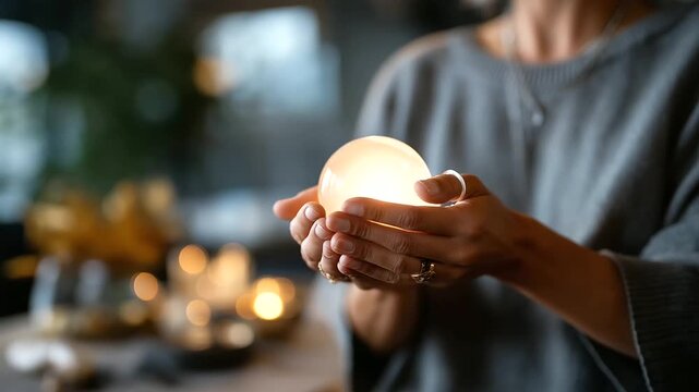 Female hands positioned around illuminated crystal sphere face not shown psychic scrying fortune prediction divination tool mystical consultation spiritual reading magical