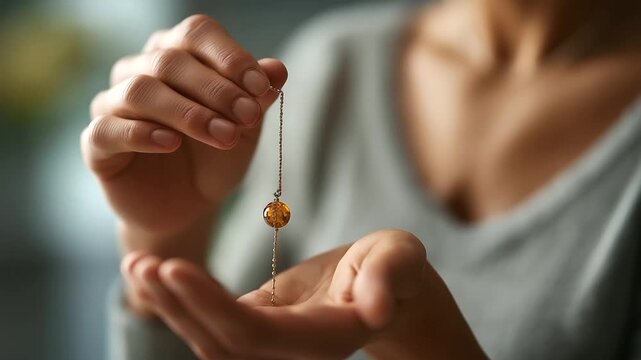 Female hands using pendulum over palm face not shown energy reading chakra balancing spiritual healing dowsing practice aura reading mystical diagnosis holistic practice