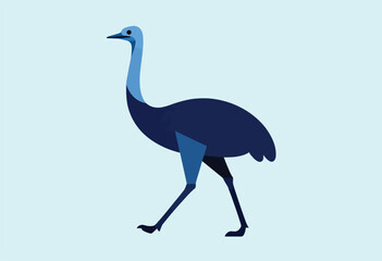 Fototapeta premium Stylized, vector-based illustration of an emu walking leftwards on a solid, pale blue background. Its colors are mostly cool blues