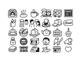 Hand Drawn Bakery and Cafe Vector Icons Set - Freshly Baked Bread  Oven and Chef Sketch