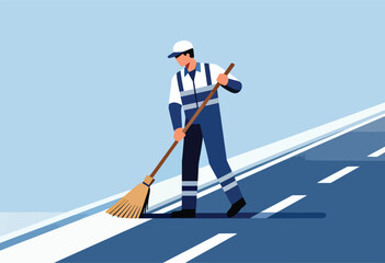 An illustration shows a street cleaner in uniform sweeping a road with a broom. The sky is blue