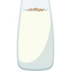 Clear glass bottle filled with white liquid and speckled brown topping centered on a simple light gray background with subtle shading creating a sense of depth and volume