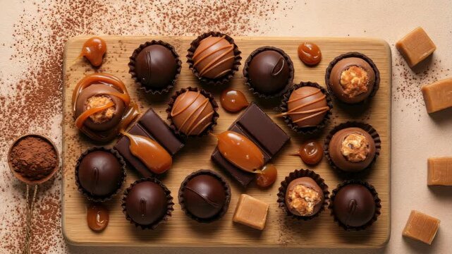Assorted chocolate truffles and fudge pieces with caramel drizzle on wooden board