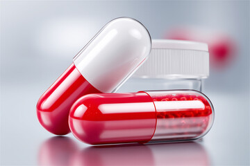 Red and white capsules placed on a reflective surface beside a small transparent bottle, symbolizing medicine, healthcare, treatment and modern pharmaceutical concept.