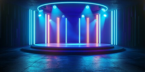 Vibrant Exhibition Showcase with Luminous Stage Platform and High-Tech Illuminated Background Design