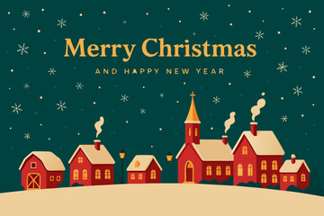 Fototapeta premium Festive Christmas village scene with snowy rooftops and glowing windows, celebrating holiday cheer and winter spirit