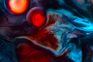Macro fantasy of red, blue, white, and gold fluids, organic cosmic pattern with glowing bubbles....