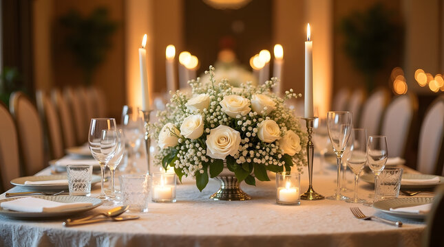Elegant table setting for a grand wedding celebration, with a lace tablecloth, fine china, crystal glasses, and a beautifully arranged centerpiece featuring a bouquet of white roses and baby's breath - Powered by Adobe