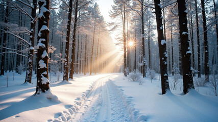 Sunlight breaking through with tall snow-covered trees and footprints on snowy forest road, representing serene winter beauty and peaceful nature exploration