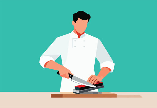 A chef in a white uniform sharpens a knife on sharpening stones against a teal backdrop