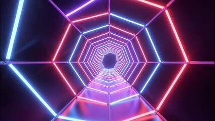 A futuristic tunnel with glowing neon lights in red, blue, and purple, forming a geometric octagonal abstract background receding into the distance. - Powered by Adobe