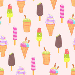 Ice cream seamless pattern. Vector Illustration for printing, backgrounds, covers and packaging. Image can be used for greeting cards, posters, stickers and textile. Isolated on pink background.
