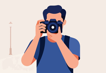 A flat illustration of a person taking a photograph with a camera, a streetlight in background