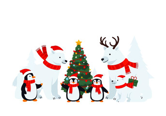 A charming cartoon scene featuring a family of polar bears and cute penguins in Santa hats celebrating Christmas together
