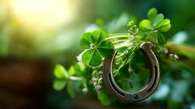 Lucky horseshoe with four leaf clovers no faces visible good fortune Irish luck shamrock symbols prosperity charm lucky symbol traditional blessing fortune attraction gree