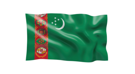 A national flag featuring a green field, a vertical red stripe with five intricate carpet guls, and a white crescent moon with five stars, waving with a silky texture