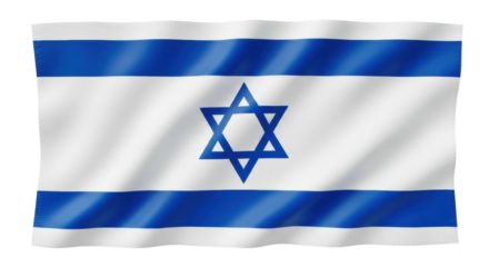 A national banner with two blue horizontal stripes and a hexagram symbol in the center, made of fabric that is gently waving and rippling with soft light