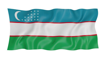Obraz premium A national banner with blue, white, and green horizontal stripes, thin red fimbriations, a crescent moon, and twelve stars, waving gracefully with a silky fabric texture