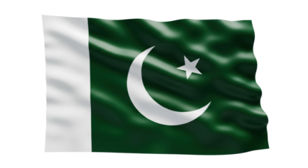 A national flag featuring a white vertical stripe and a dark green field with a white crescent moon and a five-pointed star, waving with a silky, rippling texture