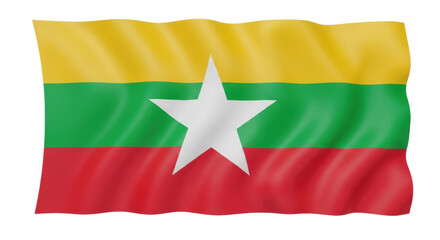 A national ensign with horizontal tricolor stripes of yellow, green, and red and a large white five-pointed star in the center, rendered as a waving fabric banner