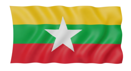 A national ensign with horizontal tricolor stripes of yellow, green, and red and a large white five-pointed star in the center, rendered as a waving fabric banner