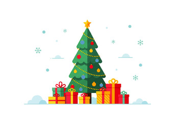 Naklejka premium Festive Christmas Tree with Presents Illustration Celebrate the Holidays with Joyful Graphics