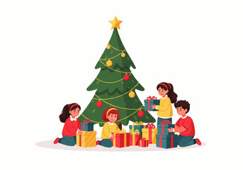Naklejka premium Children Gathering Around a Christmas Tree with Presents on Christmas Eve Holiday Celebration