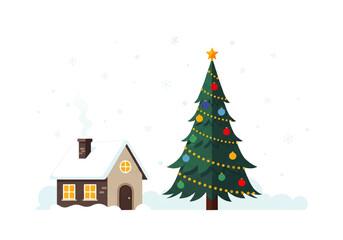 A charming and cozy winter scene featuring a snow-covered house alongside a brightly decorated Christmas tree, perfect for holiday greetings and seasonal celebrations