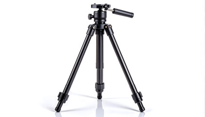 Professional black metal camera tripod on a white background, isolated photography studio equipment