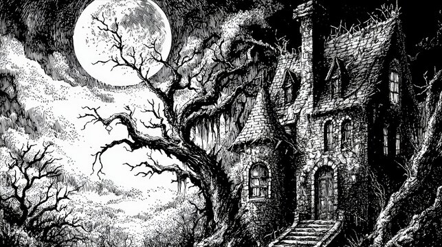 A creepy, old stone mansion with a turret and steep roof sits on a hill under a large, bright full moon. Bare, gnarled trees surround the house, creating a spoo - Powered by Adobe
