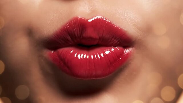 Close Up of A Woman's Full Red Glossy Lips Puckering Gently with Soft Golden Bokeh Lights in the Background