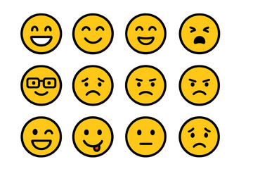 Fototapeta premium Yellow emoji faces collection showing various human emotions and facial expressions