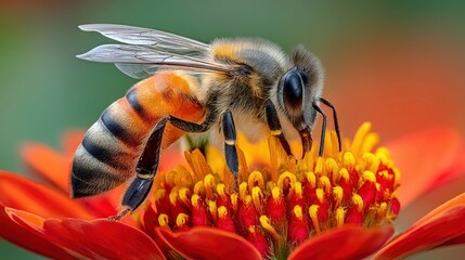 A close-up macro shot of a honeybee with striped abdomen and translucent wings, actively collecting nectar from the center of a bright orange flower with yellow