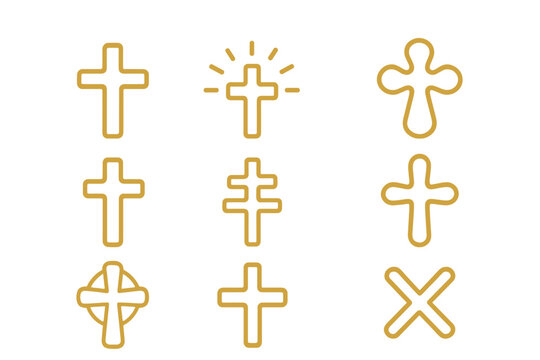 Various golden religious cross icons and Christian symbols collection on white background