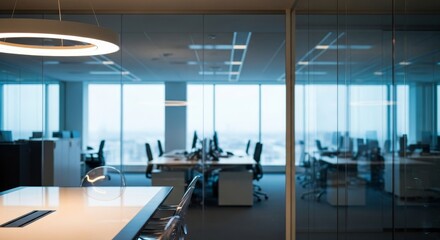 Modern office space with glass walls and conference table offers a sleek and professional environment for meetings