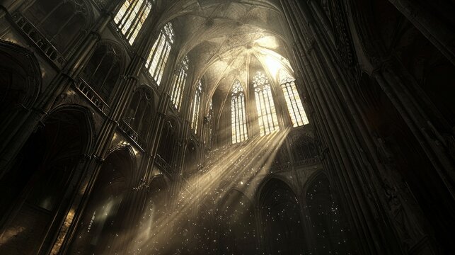 Sunlight streams through the tall arched windows of a dark, ornate gothic cathedral, illuminating dust particles in the air and creating a dramatic, ethereal at - Powered by Adobe