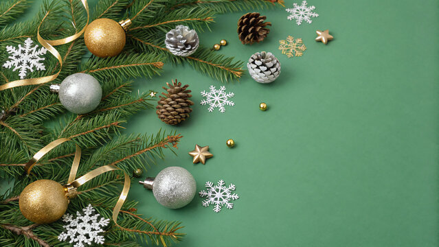 gold and silver christmas tree balls toys cones snowflakes and serpentine on pine branches on isolated green background with copyspace
